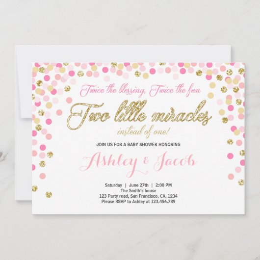Invitation Baby showers jumeaux Filles Rose et or (Devant)