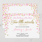 Invitation Baby showers jumeaux Filles Rose et or (Devant / Derrière)