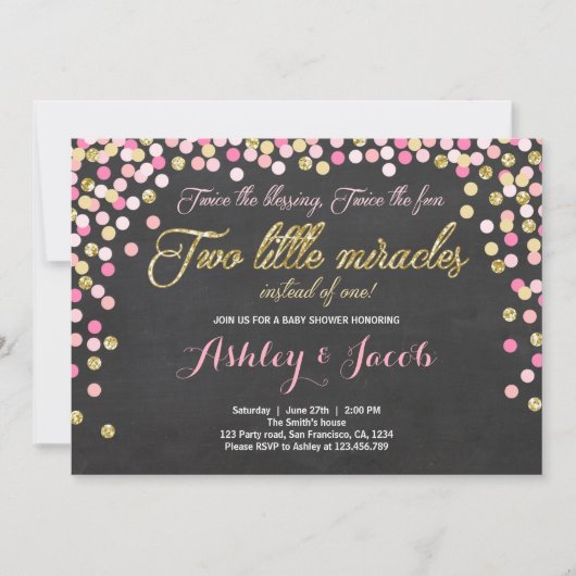 Invitation Baby showers jumeaux Filles Rose et or (Devant)
