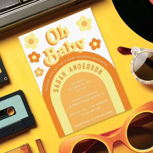 Invitation Baby-Showing Rétro Groovy 70s Fleur de la Paix