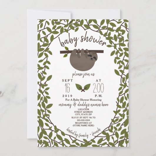 Invitation Baby Sloth Baby shower de verdure (Devant)