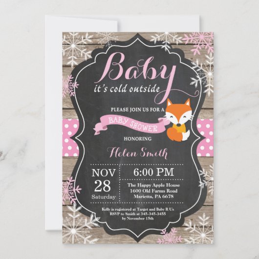 Invitation Baby son froid dehors Baby shower fille Fox rose (Devant)