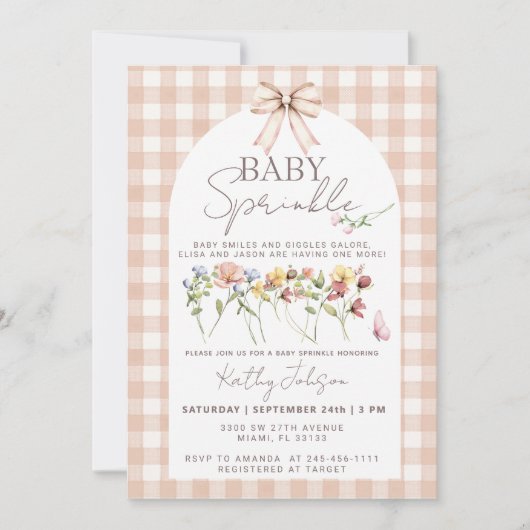 Invitation Baby Sprinkle Fleur Sauvage Gingham Neutre (Devant)