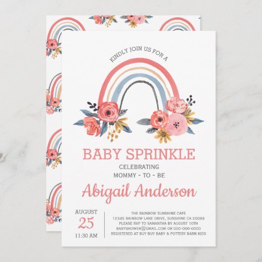 Invitation Baby Sprinkle Floral Blush rose arc-en-ciel élégan (Devant / Derrière)