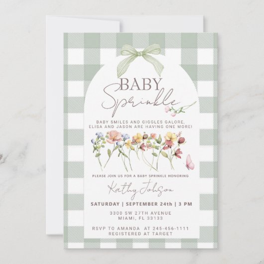 Invitation Baby Sprinkle Gingham Vert Sauge (Devant)