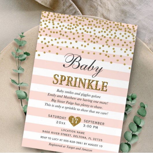 Invitation Baby Sprinkle Rose Pâle Rayure Or Confetti