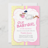 Invitation Baby Stork avec une mignonne petite fille bébé (Devant)