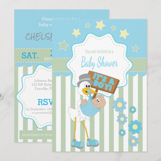 Invitation Baby Stork Baby Boy Show (Devant / Derrière)