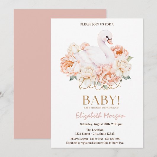 Invitation Baby Swan Hello Baby Baby shower (Devant / Derrière)