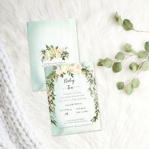 Invitation Baby Tea Shower Vert Roses Blanches Floral
