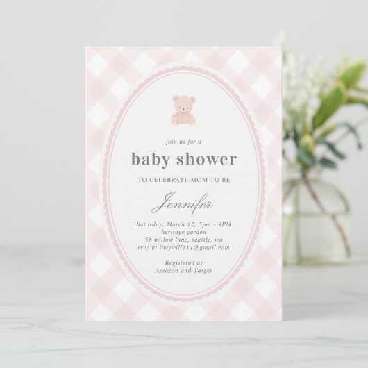 Invitation Baby Teddy bear Baby shower_Pink (Debout devant)