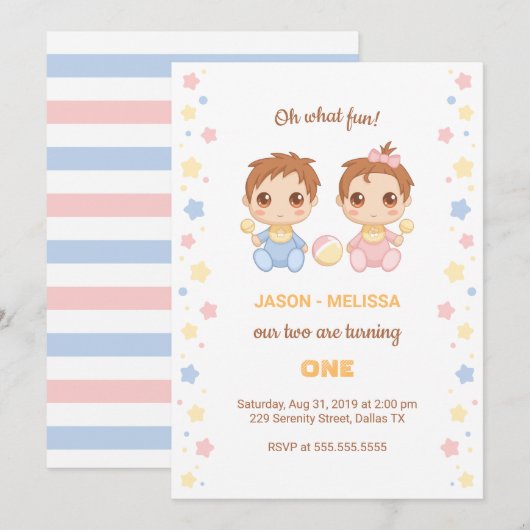 Invitation Baby Twins Garçon fille premier anniversaire (Devant / Derrière)