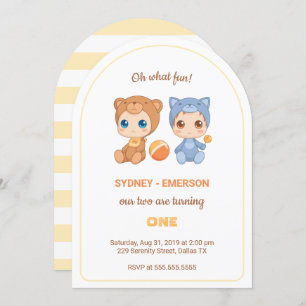 Invitation Baby Twins Premier Anniversaire Chat Bear Jumpsuit