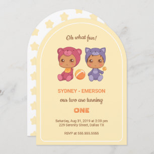 Invitation Baby Twins Premier anniversaire Chat Ours Jaune