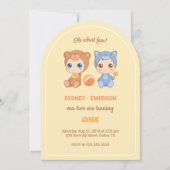 Invitation Baby Twins Premier anniversaire Chat Ours Jaune (Devant)
