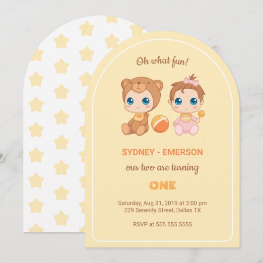Invitation Baby Twins Premier anniversaire fille ours Jaune (Devant / Derrière)