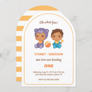 Invitation Baby Twins Premier anniversaire Garçon Violet Ours