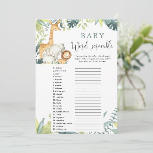 Invitation Baby word scramble safari jeu de baby shower (Debout devant)