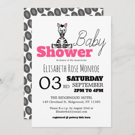 Invitation Baby Zebra, Baby shower (Devant / Derrière)