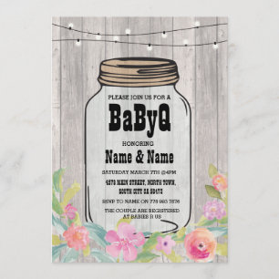 Invitation BaByQ BBBQ Baby shower Jar Pink Floral Wood Invita