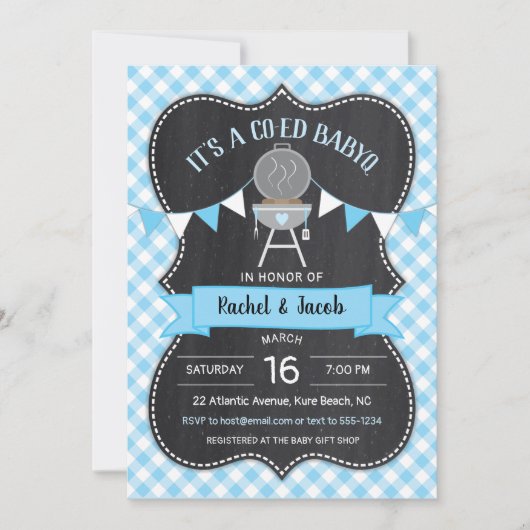Invitation BABYQ Blue En vichy Chalkboard Baby shower garçon (Devant)
