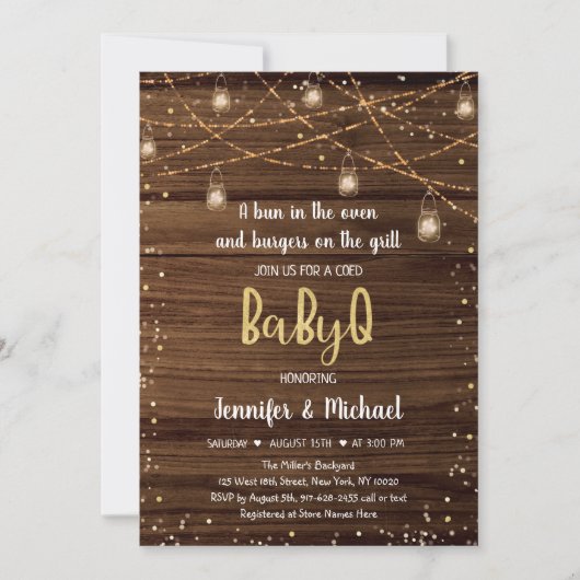 Invitation BabyQ Rustic String Lights Baby shower BBQ (Devant)