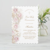 Invitation Baby's Breath and pink roses First Communion (Debout devant)