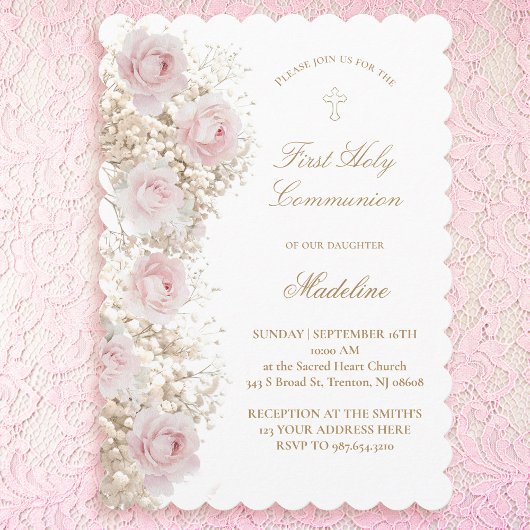 Invitation Baby's Breath and pink roses First Communion