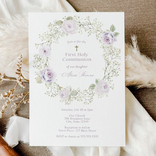 Invitation Baby's Breath and Purple Roses First Communion