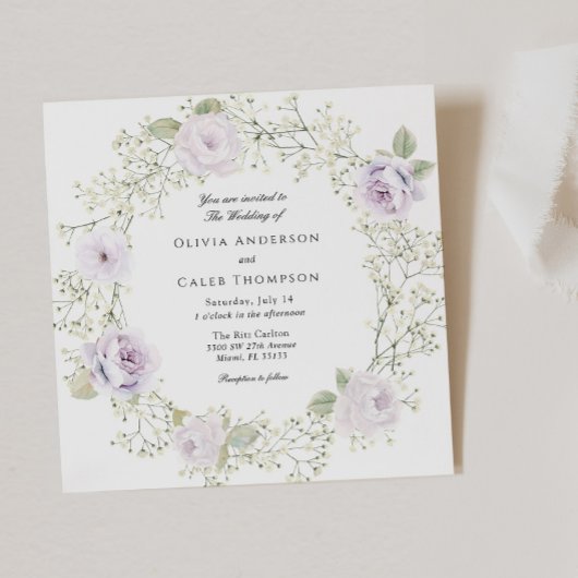 Invitation Baby's Breath and Purple Roses Wedding