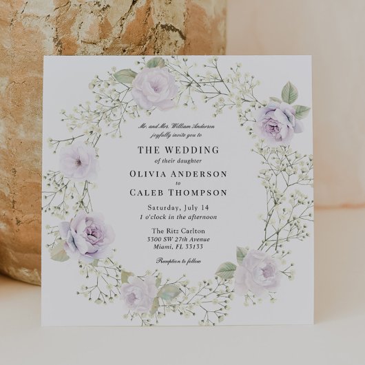 Invitation Baby's Breath and Purple Roses Wedding