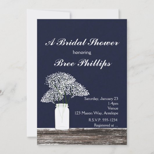 Invitation Baby's Breath dans un pot Mason Rustique Bleu Invi (Devant)