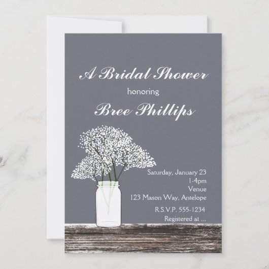 Invitation Baby's Breath dans un pot Mason Rustique Gris Invi (Devant)