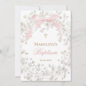 Invitation baby's breath flowers pink bow Baptism (Devant)