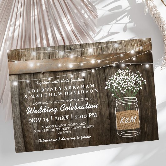 Invitation Baby's Breath Mason Jar Pays Mariage rustique