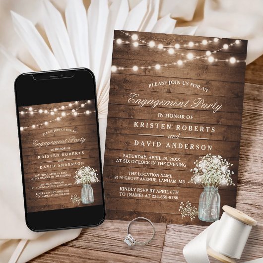 Invitation Baby's Breath Mason Jar Rustic Engagement Party
