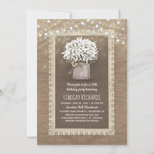 Invitation Baby's Breath Mason Jar Rustic Lace Anniversaire (Devant)