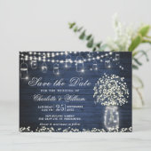Invitation Baby's Breath Mason Jar Rustique Bleu Bois Mariage (Debout devant)