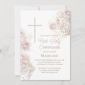 Invitation Baby's Breath pink roses First Holy Communion (Devant)
