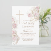Invitation Baby's Breath pink roses First Holy Communion (Debout devant)
