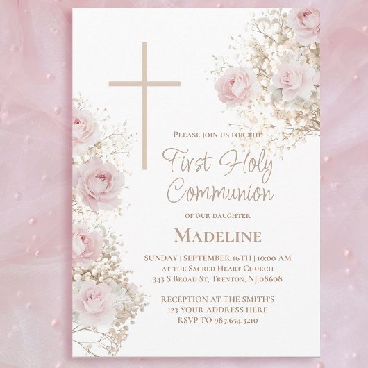 Invitation Baby's Breath pink roses First Holy Communion