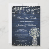 Invitation Baby's Breath Pot Mason Rustique Bleu Bois Mariage (Devant)