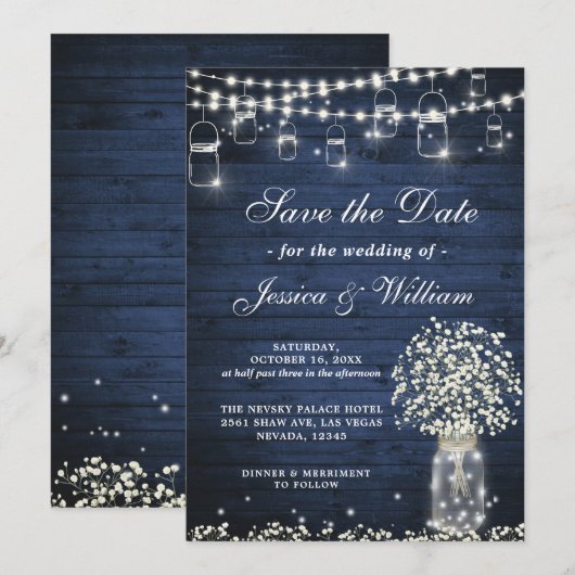 Invitation Baby's Breath Pot Mason Rustique Bleu Bois Mariage (Devant / Derrière)