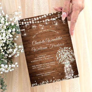 Invitation Baby's Breath Pot Mason Rustique Bois Mariage