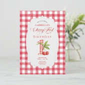 Invitation Baby's Cherry First Red Gingham Birthday (Debout devant)