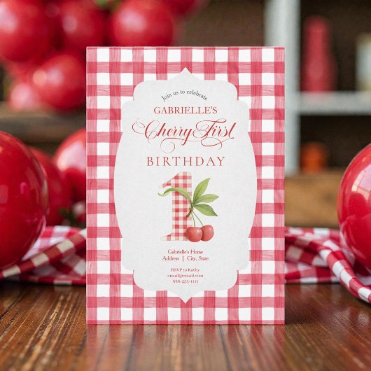 Invitation Baby's Cherry First Red Gingham Birthday