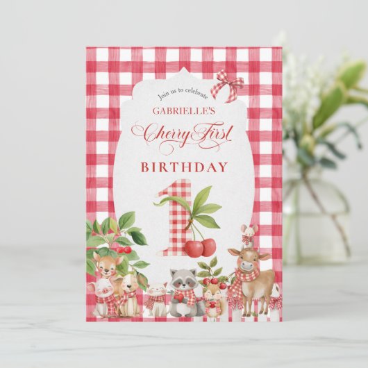 Invitation Baby's Cherry First Red Gingham Birthday (Debout devant)