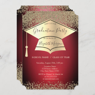 Invitation Bac de diplôme, Diamants d'or noir rouge Graduatio