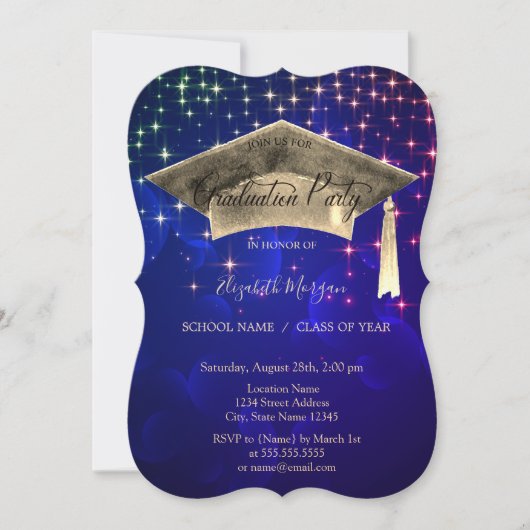 Invitation Bac de diplôme d'or, Bleu étoile (Devant)