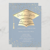 Invitation Bac de diplôme d'or, Étoiles Dusty Blue Graduation (Devant / Derrière)